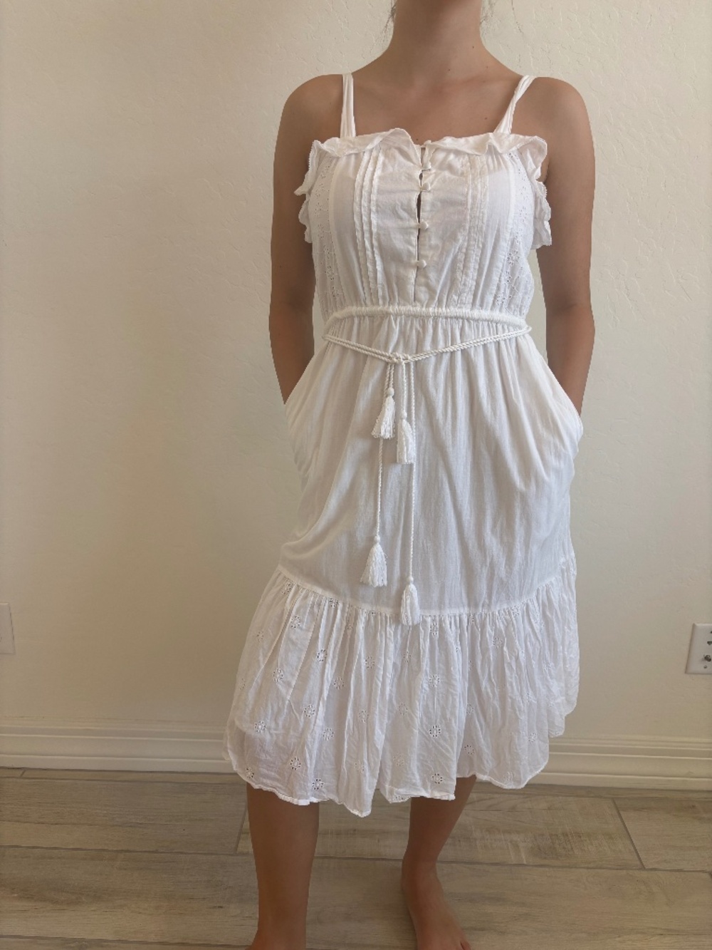 Lucky Brand White Eyelet Beverly Midi Dress Size XS Cottagecore Boho Ruffle